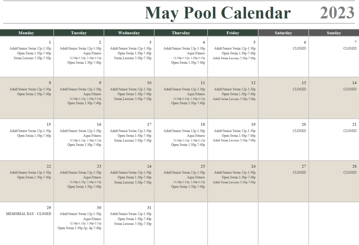 May Aquatics calendar