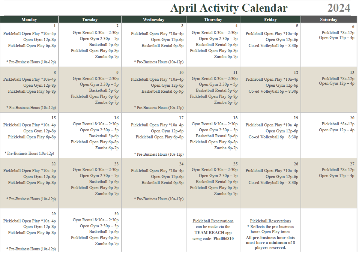 April Activities Calendar