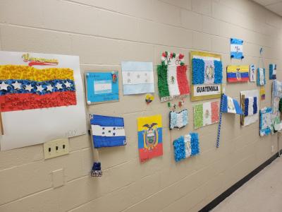 Flags created by students on the wall