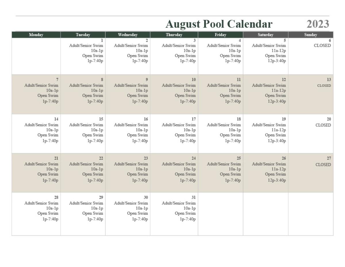 August Pool Calendar