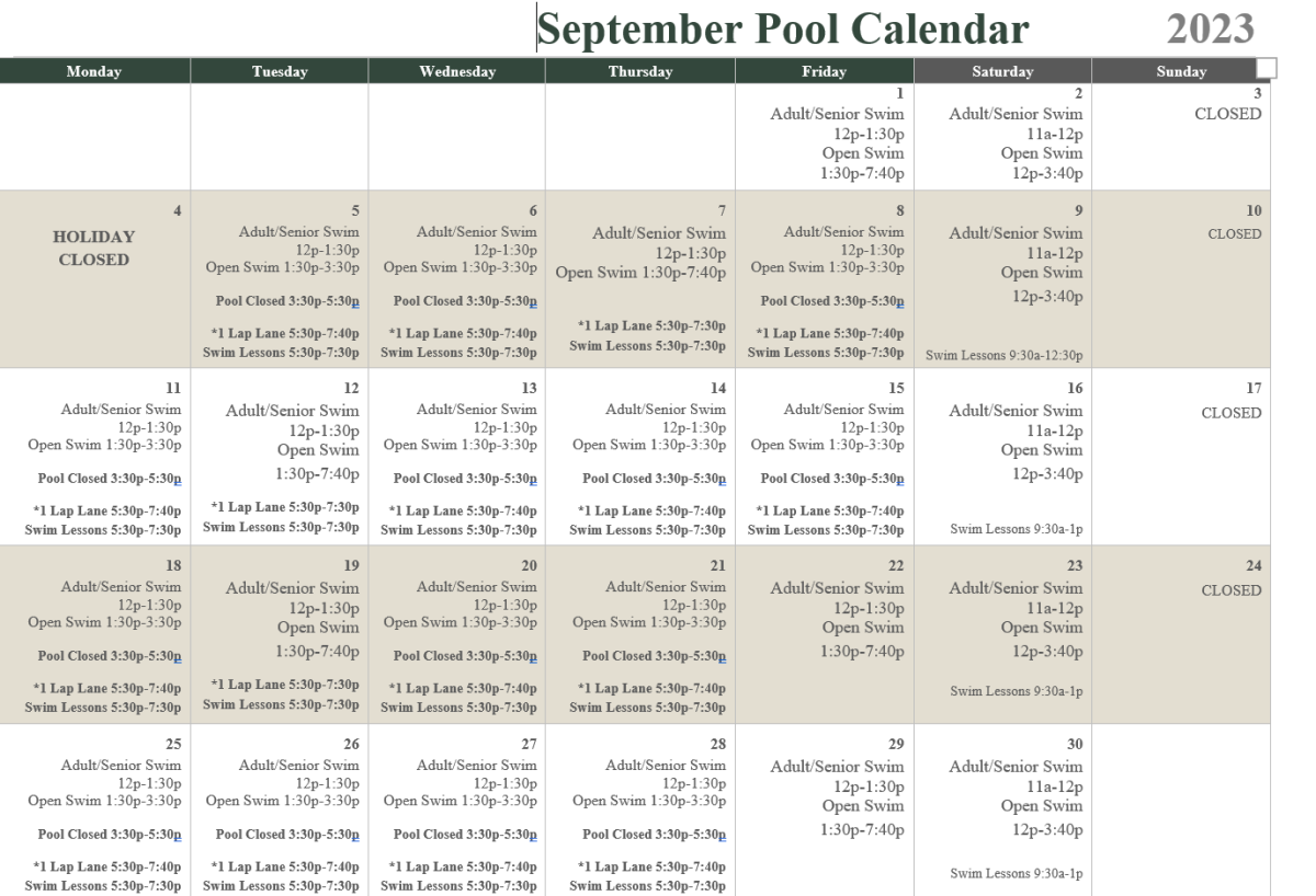 September pool calendar