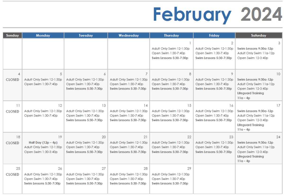 Febrary aquatic calendar